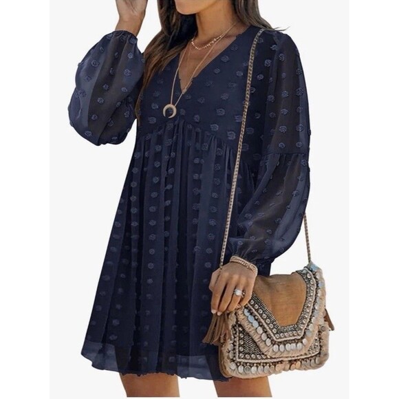 NEW MIHOLL Women’s V Neck Short Sleeve Ruffle Loose Summer Mini Blue Dress Sz SM - Picture 1 of 7